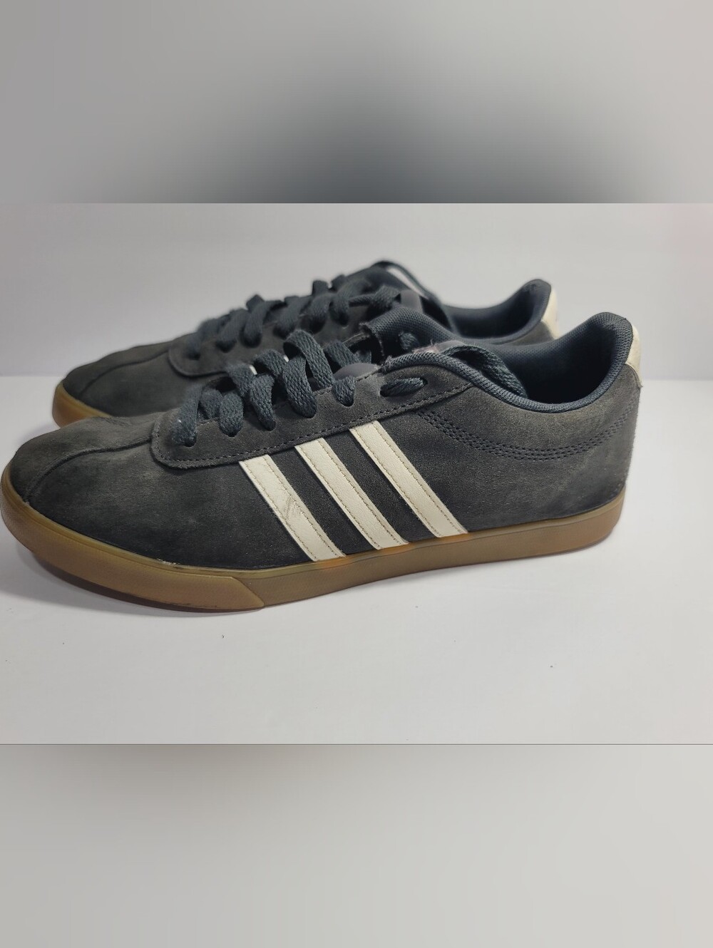 adidas Dark Gray Suede Sneakers with Cream Stripes and Gum Sole - Picture 5 of 7